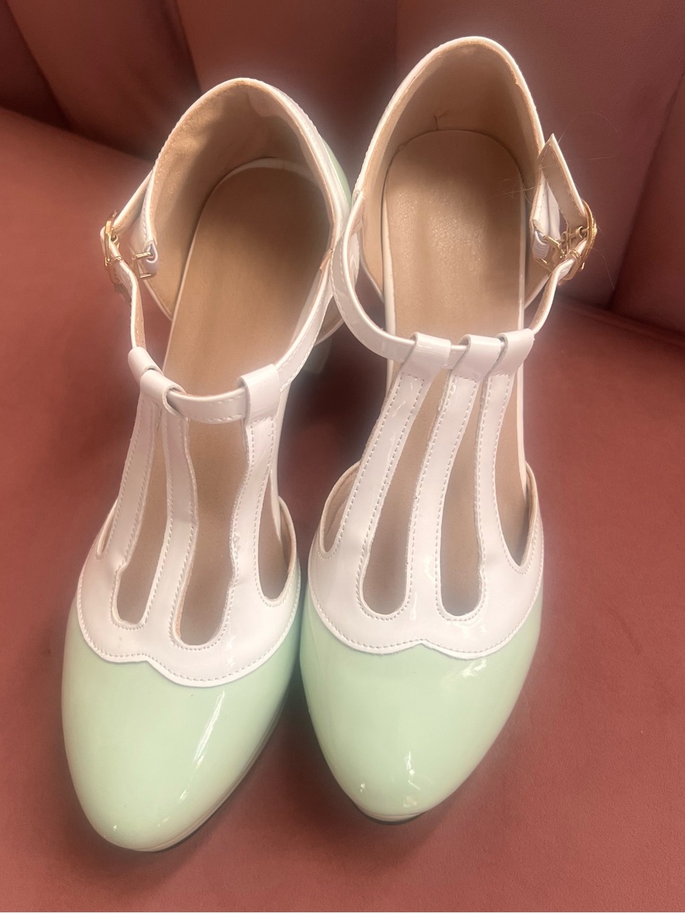 Women's T-Strap Heels in Mint and White with Ankle Buckle